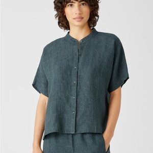 Eileen Fisher Washed Organic Linen Delave Shirt in Eucalyptus Blue